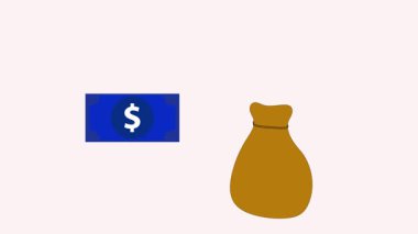 Mavi dolarlık banknotlar, kahverengi para çantası ve altın sikkeler içeren para ve tasarrufların animasyon çizimi, finansal ve bankacılık içeriği için mükemmel.