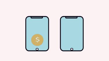 Cep telefonu internet bankacılığı kullanarak para transferi animasyonu. Dijital ödemelerin görselleştirilmesi, çevrimiçi aktarımlar ve mali işlemler.