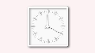 Minimalist duvar saati animasyonu. Beyaz arka plan, siyah saat işaretleri, beyaz saat el, kırmızı ikinci el, ve yuvarlak merkez düğmesi..