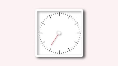 Temiz ve modern duvar saati tasarımı. Siyah saat işaretleri, kırmızı ikinci el, beyaz saat el ve dairesel merkez düğmesi içeren minimalist animasyon..