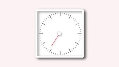 Minimalist duvar saat animasyonu, beyaz bir yüz, siyah saat işaretleri, kırmızı süpürme ikinci el, ve ince yuvarlak düğme merkezi.