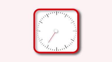 Asgari duvar saati hareketi grafiği. Temiz beyaz arka plan, kesin siyah saat işaretleri, kırmızı ikinci el, beyaz saat el, ve merkezli düğme animasyonu.