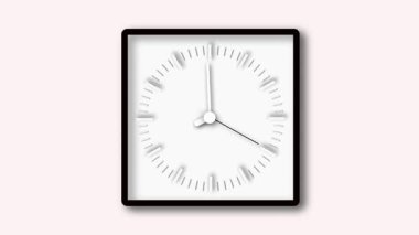 Modern analog duvar saati. Siyah kalemli minimalist animasyon, kırmızı ikinci el, beyaz saat kolu ve temiz beyaz arka planda dairesel düğme..