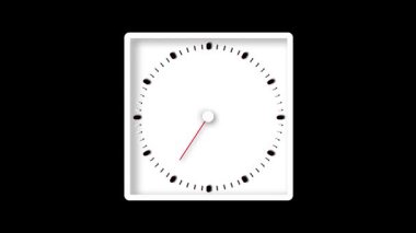 Minimalist kare saat animasyonu. Temiz beyaz bir çerçeve, keskin siyah saat işaretleri, ve modern hareket içinde parlak saat ve dakika elleri.