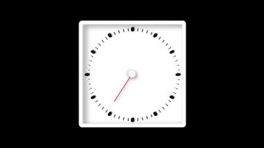 Minimalist beyaz kare saat animasyonu. Siyah saat işaretli temiz tasarım, basit saat ve dakika elleri, ve kontrast için kırmızı ikinci el..