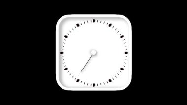 Zarif zaman tasarım animasyonu. Keskin siyah saat göstergelerine sahip minimalist beyaz kare saat ve hareket halinde olan basit eller..