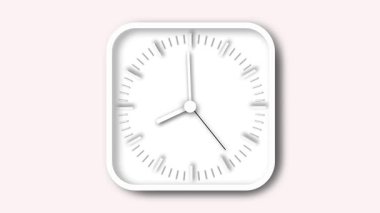 Asgari estetik, siyah ikinci el, beyaz saat göstergeleri, beyaz eller ve merkezli düğme detaylarıyla animasyon duvar saati..