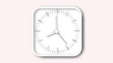 Beyaz yüzlü minimalist saat, kesin siyah kalemler, beyaz saat kolu, kırmızı tik tak eden ikinci el, ve yuvarlak merkez aksan.