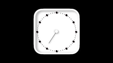 Zaman tutmada minimalizm. Beyaz kare saat animasyonu. Gıcır gıcır siyah saat işaretleyicileri ve dağınık saat ve dakika elleri var..