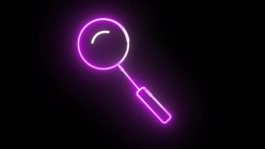 Neon pembe büyüteç ikon animasyonu. Dijital ui, web sitesi, uygulama arayüzü ve teknik görseller için koyu arkaplan üzerine parlayan arama simgesi.