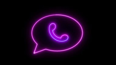 Karanlık arka planda ses sinyali efektleri olan animasyon neon telefon arama simgesi. Telekomünikasyon, müşteri hizmetleri veya uygulama tanıtım içeriği için harika.
