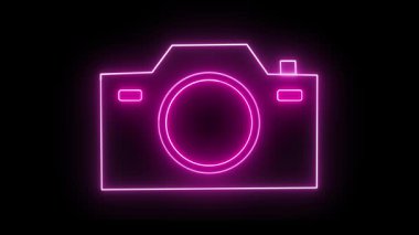 Kamera neon ikon animasyonu siyah arkaplanda izole edildi. Fotoğraf, video üretimi ve dijital markalaşma için parlak çizgi sanat sembolü.