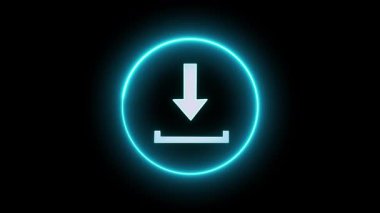 Siyah zemin üzerinde neon mavi parıltısı olan animasyon indirme sembolü. Uygulamalar, teknoloji markalaşması ve web tasarımı için gelecekteki ui simgesi.