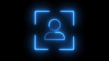 Teknoloji ve ai görseller için modern daire tasarımında yüz tanıma ve dijital kimliği temsil eden bir kullanıcı simgesinin parlayan neon taraması.