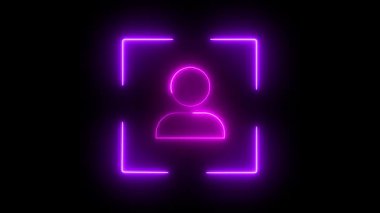 Neon kullanıcı simgesi taraması canlandırması fütüristik yüz tanıma ve insanların minimum düz neon tarzında tanımlamalarını gösteriyor.