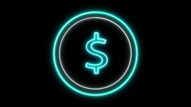Parlayan dolar işareti neon şeklinde. Finansal videolar, web tasarımı veya kripto ortam için koyu arkaplan üzerindeki parlak para birimi simgesi canlandırması.