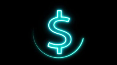 Parlak dolar işareti animasyonu neon etkisi altında. Hareket grafikleri, fintech sunumları veya kripto içeriği için kusursuz bir para döngüsü.