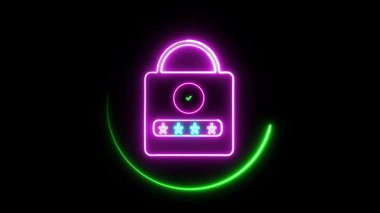 Parola ögeleri ile parlayan kilit simgesi. Teknik arayüzler, güvenli giriş ve şifreleme görselleri için siyah arkaplan üzerinde kusursuz neon animasyonu.