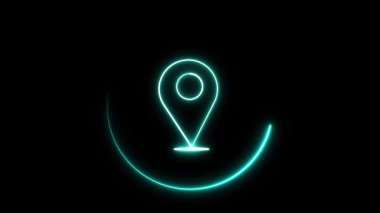 Parlak darbe etkisi olan animasyon konum simgesi. Modern teknoloji veya uygulama tasarımı için koyu arkaplan üzerinde kusursuz bir neon pin döngüsü ve daire.