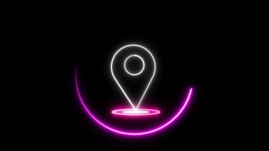 Dairesel darbeyle parlayan harita rozeti. İzleme, konum belirleme veya teknik görseller için siyah arkaplan üzerindeki neon konum simgesi döngüsü.