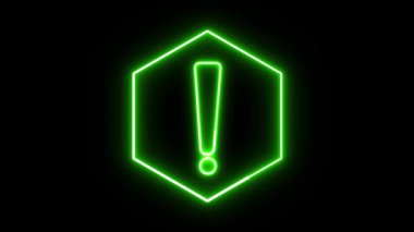 Ünlem ve altıgen ile parlayan uyarı simgesi. Alarmlar, uyarı işaretleri veya arayüz tasarım unsurları için koyu arkaplan üzerinde canlandırılmış neon döngü.