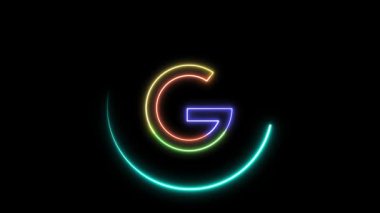 Çemberli renkli neon renkli G harfi. Hareket grafikleri ve dijital içerik için siyah arkaplan üzerinde parlak neon ışıklarıyla parlayan alfabe g.