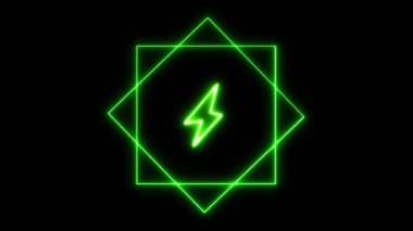 Canlandırılmış neon pil şarj sembolü. ui için siyah arkaplan üzerinde renkli parlayan güç simgesi döngüsü, göstergeleri şarj etmek, veya teknolojik hareket grafikleri.
