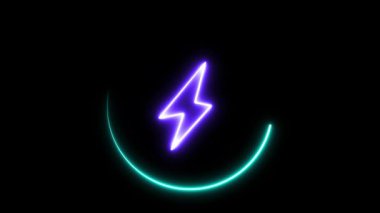 Şarj etkisine ve dairesel ışıltıya sahip animasyon neon pil ikonu. ui tasarımı, güç uygulamaları veya hareket grafikleri için siyah arkaplan üzerinde kusursuz döngü.