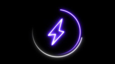 Dairesel çerçeveli parlayan neon pil şarj sembolü. Dijital gösterge panelleri veya teknoloji videoları için koyu arkaplan üzerinde canlı enerji simgesi canlandırmasıName.