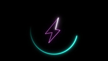 Canlandırılmış batarya, parlak daireli neon şarj ikonu. Güç göstergeleri, teknik arayüzler veya ortam tanıtımları için koyu arkaplan üzerinde kusursuz döngü.