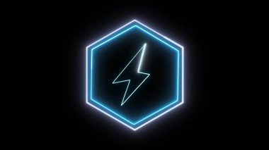 Parlak altıgen çerçeve ve neon batarya ikonu. Teknolojik markalaşma, uygulamalar veya dijital göstergeler için koyu arkaplanda kusursuz şarj etme animasyonu.