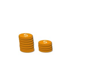 Büyüyen köşe yazıları ve para yığını ile finansal animasyon. Tasarruf, yatırım ve ekonomik iyileştirme için beyaz arkaplan bilgisi.