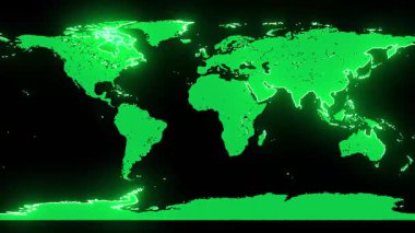 Neon yeşil dünya haritası animasyonun sınırlarını çizer. Küresel teknolojik görseller, coğrafya projeleri ve gelecekteki arayüzler için kusursuz döngü geçmişi.