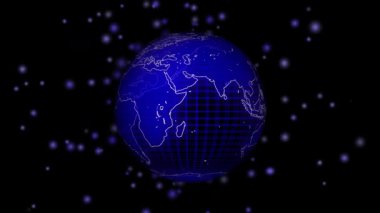 Kaşındırıcı harita tasarımı ve renkli parçacıkları olan gelecekçi Dünya küresi. Dijital sanat, küresel teknoloji sunumları ve hareketli grafikler için harika..