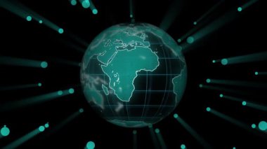 Canlı renkli parçacıklardan oluşan soyut Dünya küresi. Teknolojik görseller, dünya haritası ve animasyonlu küresel temsiller için ideal.