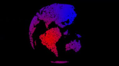 Dijital renkli gezegen Dünya animasyonu. Fütürist videolar, sunumlar veya küresel teknoloji temaları için parlayan kıtalarla dönen dünya.