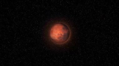 Yıldızlı gökyüzü ile soyut parlayan Mars gezegeni. Bilimkurgu görüntüleri, uzay düzenlemeleri veya astronomi temaları için kara uzay arka planında kırmızı gezegen animasyonu.