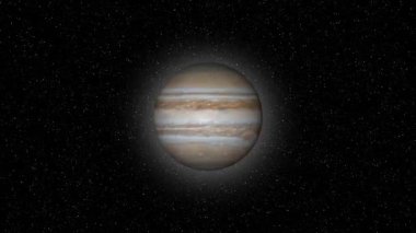 Yıldızlı uzay arkaplanlı Jüpiter gezegeni animasyonu. Astronomi projeleri, uzay görselleri veya eğitim videoları için gerçekçi gaz devi rotasyonu.