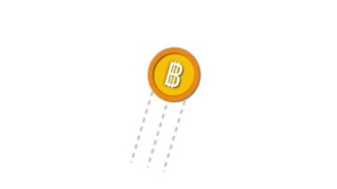 Beyaz ekranda uçan animasyon bitcoin gelir, çevrimiçi kazanç, yatırım geri dönüşleri ve hızlı hareket eden mali işlemleri simgeliyor.