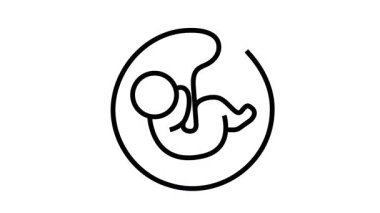 Beyaz arka planda canlandırılmış embriyo bebek simgesi. Hamilelik eğitimi, tıbbi görseller ve biyoloji sunumları için temiz çizgi animasyon döngüsü.