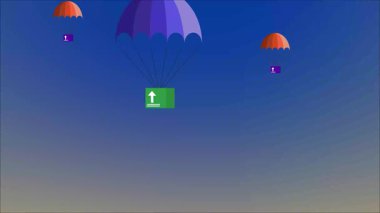 Pofuduk beyaz bulutlarla dolu, parlak mavi gökyüzünde yüzen renkli paraşütler. Huzurlu ve canlı bir animasyon..
