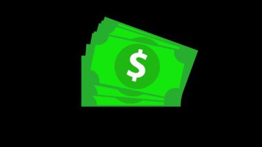 Para yığını animasyonu ve yeşil dolar desteleri kâr, ödeme ve finansal birikimi temsil ediyor. Maddi kazancı, serveti ve gelir artışını sembolize eden yeşil dolarlı nakit desteleri yığını.