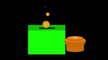 Para akışının hareketli grafikleri olan iş ve finans bağış konsepti bağış kutusuna girişi desteği simgeliyor. Maddi desteği, iş bağışı ve kar amacı gütmeyen yardım kuruluşlarını temsil eden bir kutuya animasyon dolar bağışı..
