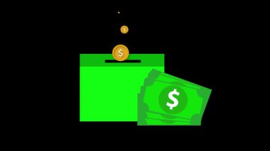 Düşen dolar parasıyla bağış kutusu animasyonu bağış, finans ve sosyal sorumluluğu simgeliyor. Para bağışının para toplama kampanyaları, finans ve iş ahlakında kullanılan para ve kutu grafikleri.