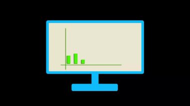 Finansal grafik ve madeni paranın yükseldiği iş animasyonu kar ve dijital performansı temsil eden bir masaüstü monitöründe. Canlandırılmış monitör ekranı yükselen finansal tabloyu ve para simgesini gösterir.