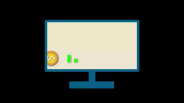 Ekranda altın sikke ve okla finansal başarı grafiği veri analizi ve iş hikayeleri için mükemmel. Yükselen ok ve bozuk parayla büyüyen tablo bir monitörde canlandırılıyor.