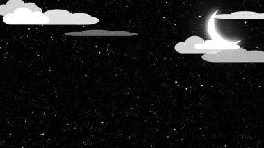 Bulutlu gece animasyonu. Parlayan ay ve kayan bulutlar. Rüya gibi, rahatlatıcı ve gece gökyüzü görselleri için. Huzurlu gece gökyüzü animasyonu yıldızlar, ay ve hareket eden bulutlar uyku, meditasyon ve doğa temaları için mükemmeldir..