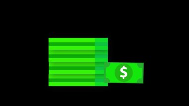 Animasyon istifleme banknotları gelir, kazanç ve iş görsellerindeki para artışını sembolize ediyor. Bankacılık, yatırım ve finansal pazarlama için mükemmel yeşil dolarlı banknotlar halinde yumuşak animasyon yığını.