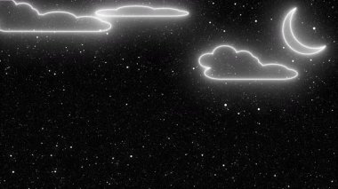 Fantezi, uyku zamanı ya da gökyüzü temalı sakin içerik için sürüklenen gece bulutlarının arkasındaki animasyon ay ve yıldızlar. Ayışığı bulutlu gece gökyüzü animasyonu. Parlayan yıldızlar ve kayan bulutlar. Huzurlu ve rüya gibi atmosferler için..
