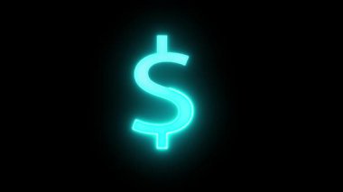 Dijital ekonomi ve fintech temaları için siyah zemin üzerinde kusursuz döngü şeklinde parlayan mavi dolar sembolü animasyonu. Koyu arkaplanda, dijital finansı, para birimini ve e-ticareti temsil eden mavi renkli canlı dolar simgesi.